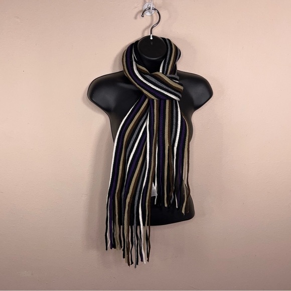 Striped Scarf With Fringe Accent Knit Womens Brown Ton Black Purple - Picture 7 of 13